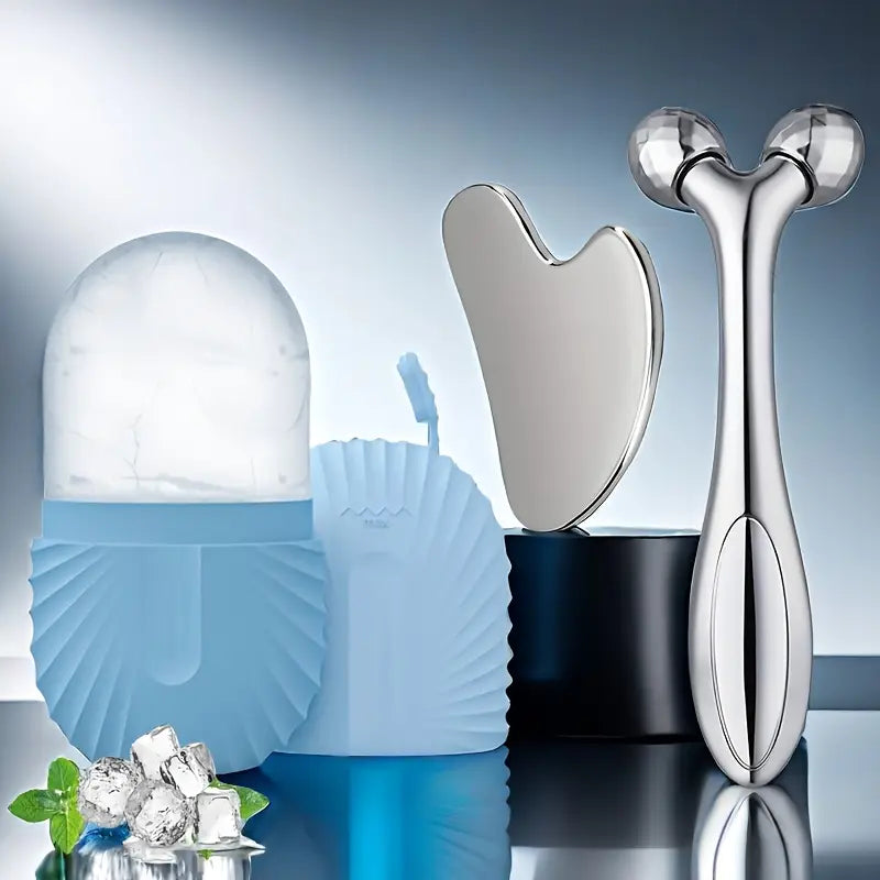 Ensemble 3 Outils de Massage Facial – Rouleau à Glace Réutilisable + Rouleau Visage + Gua Sha