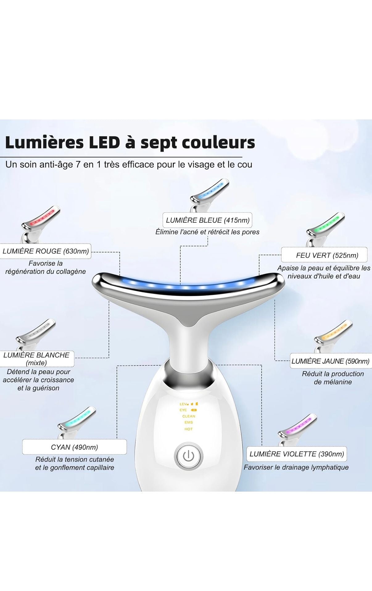 Appareil Beauté Anti-Rides EMS + Chauffe 45 °C + LED 7 Couleurs