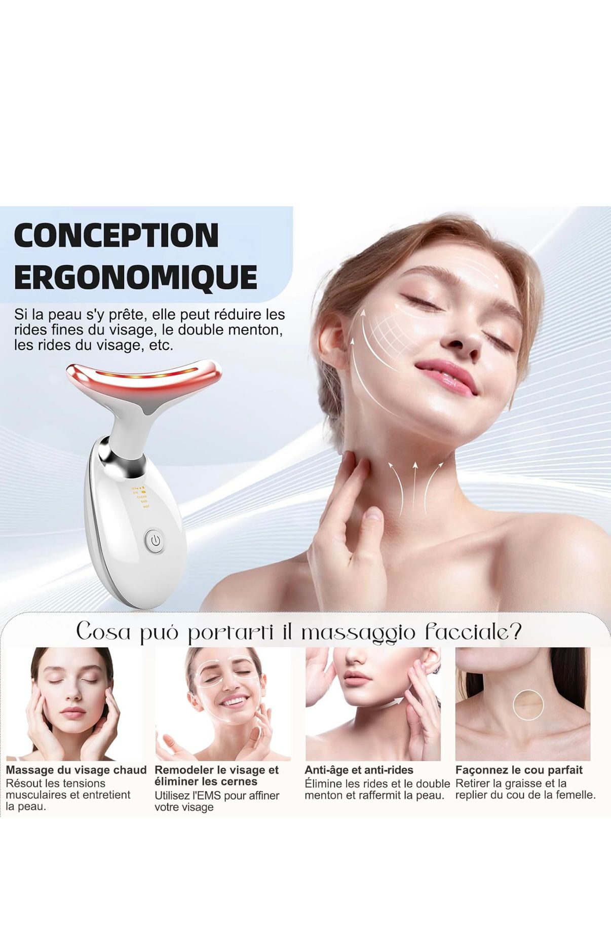 Appareil Beauté Anti-Rides EMS + Chauffe 45 °C + LED 7 Couleurs