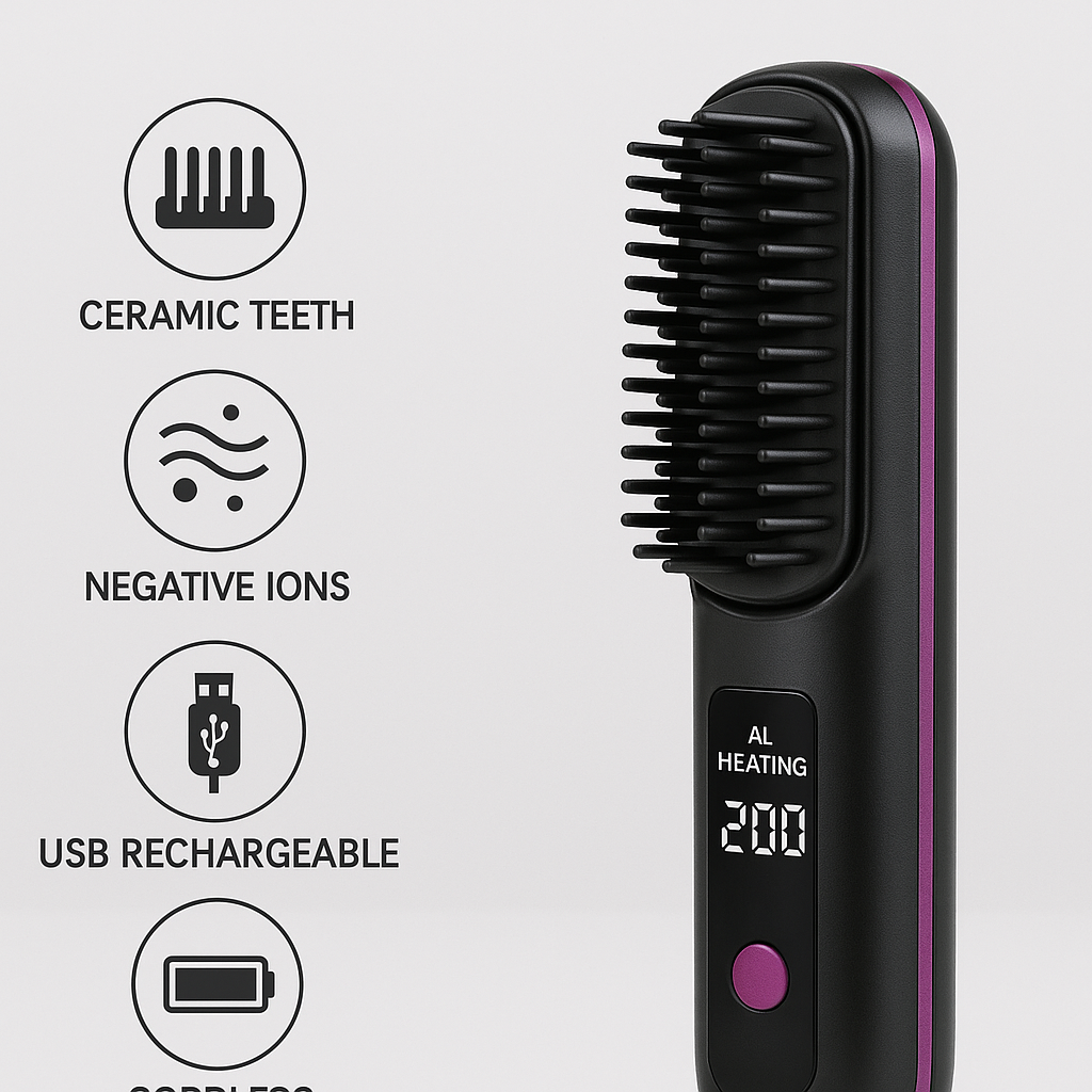 Peigne Chauffant USB Portable – Lissage Rapide & Design Moderne
