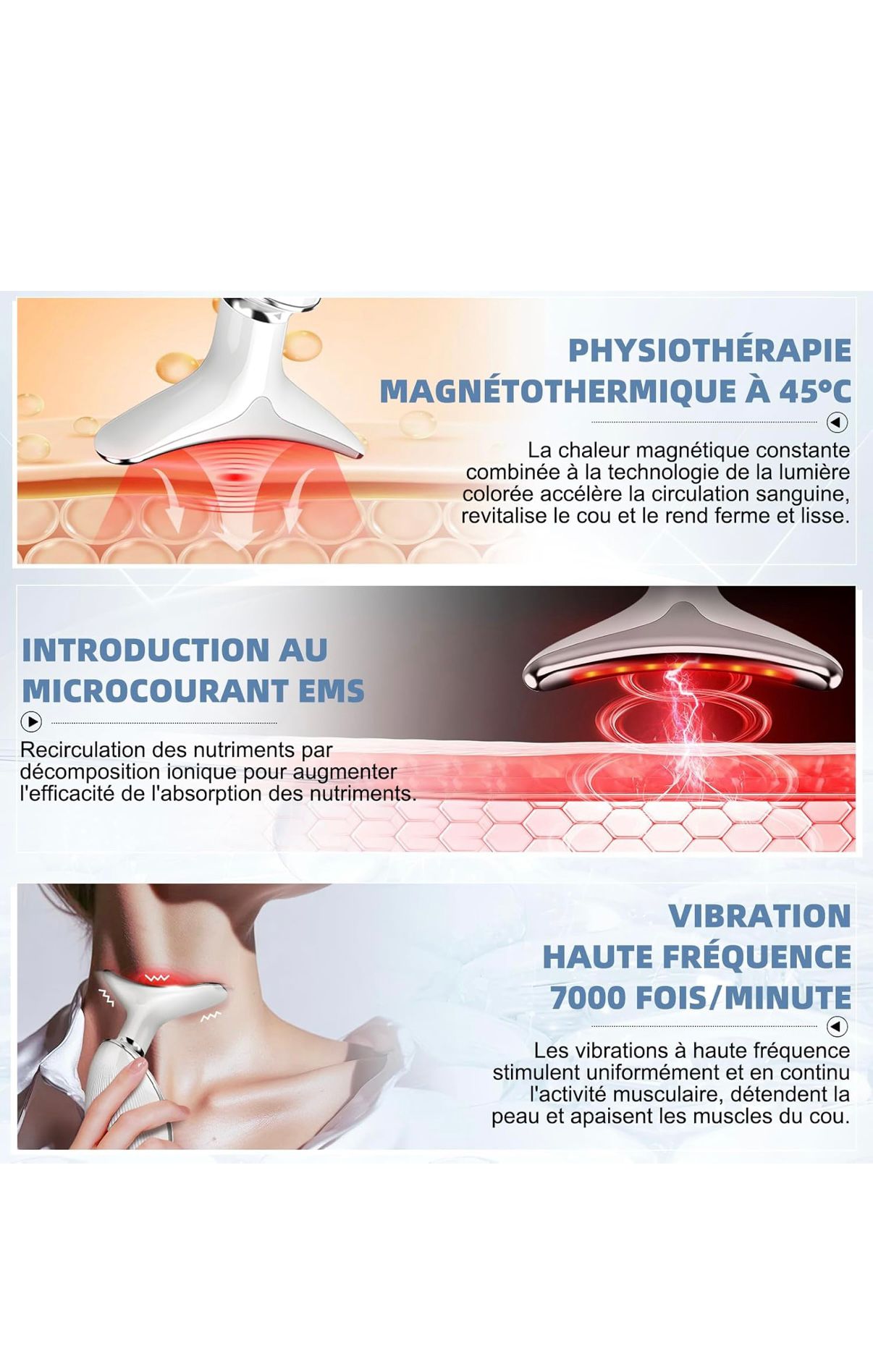 Appareil Beauté Anti-Rides EMS + Chauffe 45 °C + LED 7 Couleurs