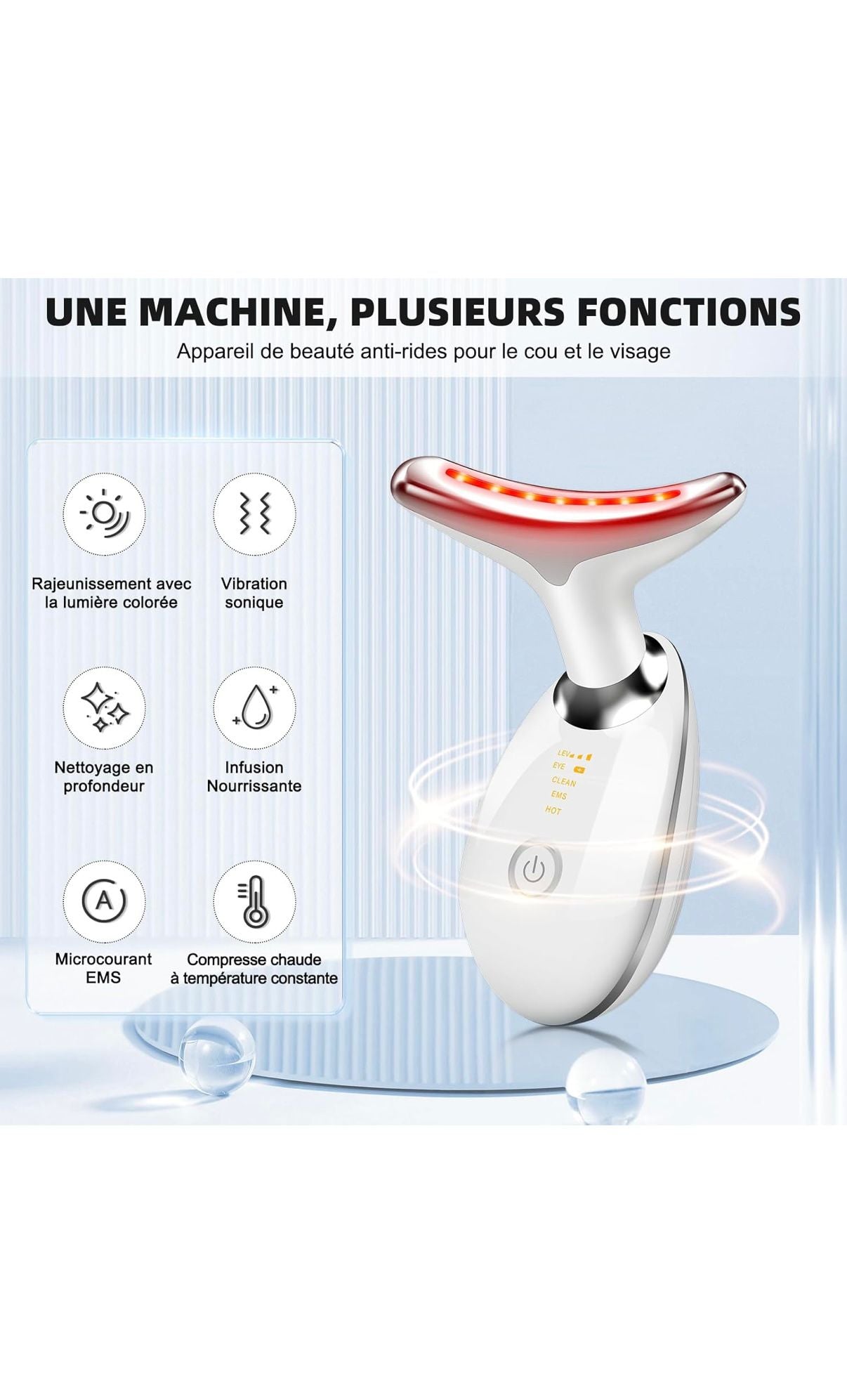 Appareil Beauté Anti-Rides EMS + Chauffe 45 °C + LED 7 Couleurs