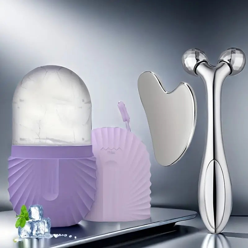 Ensemble 3 Outils de Massage Facial – Rouleau à Glace Réutilisable + Rouleau Visage + Gua Sha